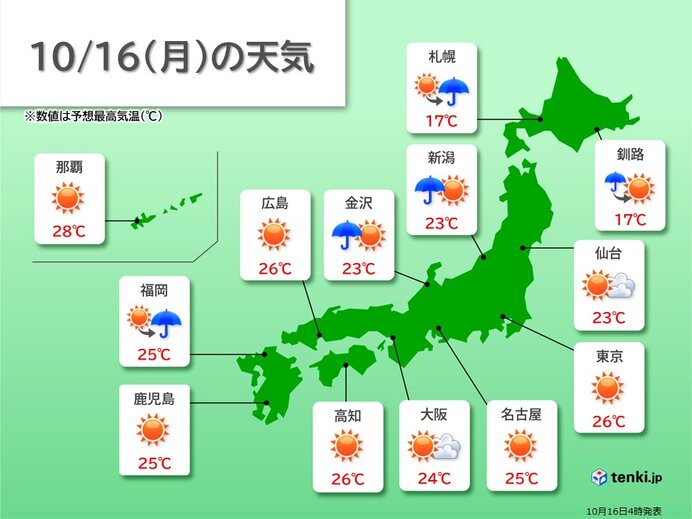 16日　西高東低の気圧配置　日本海側は雨や雷雨　太平洋側はさわやかな秋晴れ