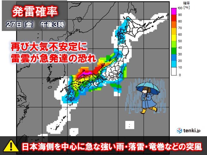 27日～再び寒気流入　日本海側中心に雷雨の恐れ