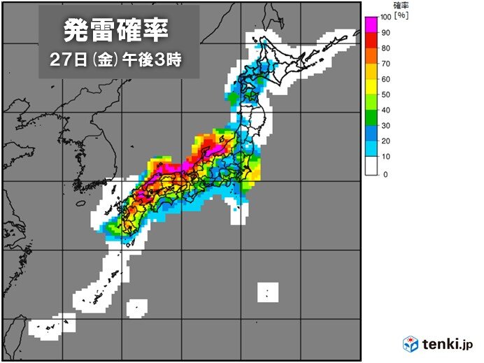 28日(土)午前中にかけて　九州～関東、北陸で大気不安定