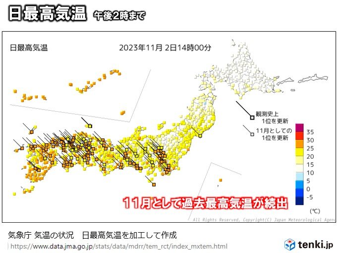 全国の100地点以上で11月として過去最も高い気温を更新