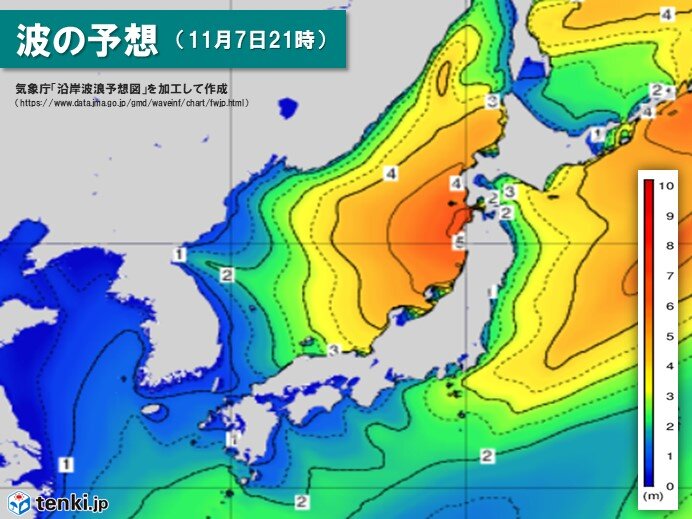 7日夜遅くにかけてうねりを伴った西からの高波に警戒