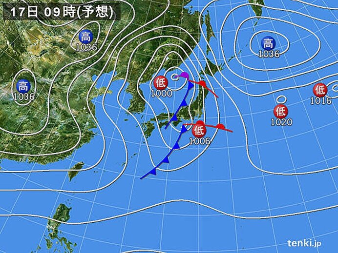 発達する低気圧の影響で広く荒天