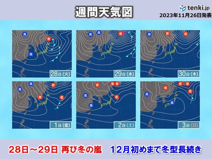 28～29日は再び冬の嵐 警報級の暴風雪も 12月初めまで冬型長引く 積雪