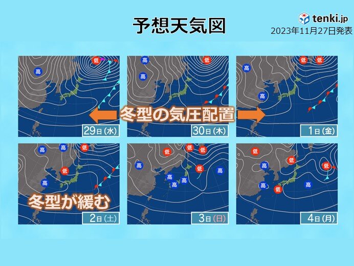 1日(金)にかけて冬型の気圧配置　寒気のピークは30日(木)から1日(金)