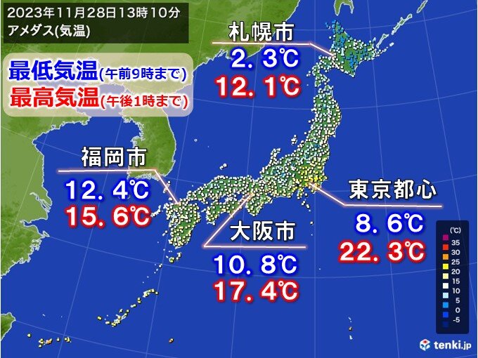 都心で22℃超　10月中旬並み　今夜から真冬並みの寒気襲来　あすは関東も風冷たく_画像