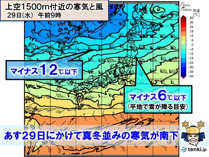今夜～あす29日　真冬並みの寒気が南下