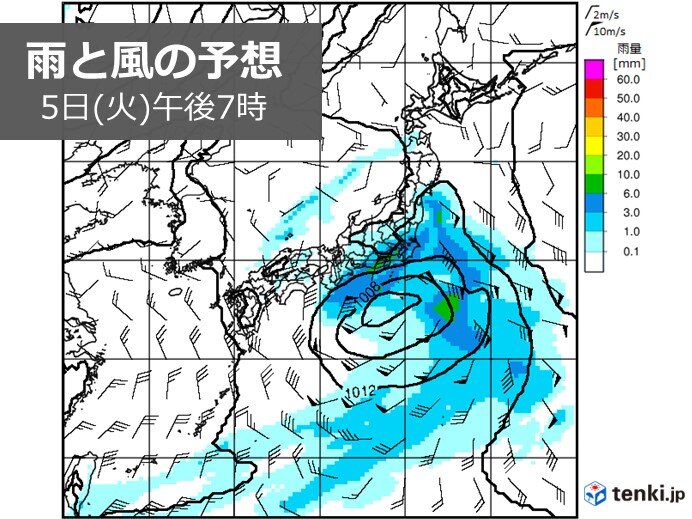 5日(火)　南岸低気圧の影響で雨　沿岸では雨・風が強まる