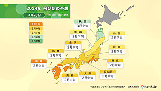 2024年春の花粉飛散予測　第2報　スギ花粉の飛散開始は2月上旬　ほぼ例年並み