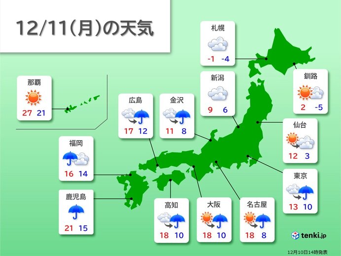 明日も西日本で気温高め
