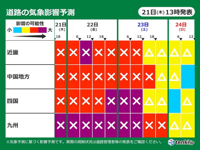 近畿～九州　太平洋側の平地も所々で雪　少しの雪でも影響大