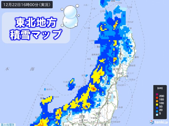 22日(金)　東北日本海側では積雪増加中　平地でもまとまった雪に