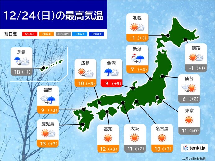 最高気温　昨日より高くなる所がほとんど