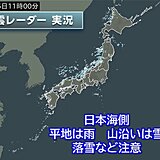 日本海側で雪や雨　夜にかけて雷を伴い強く降る所も　落雪や路面状況の悪化など注意