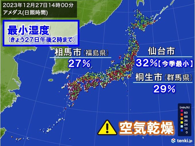 太平洋側で空気カラカラ　30日まで空気の乾燥続く　火の元に注意