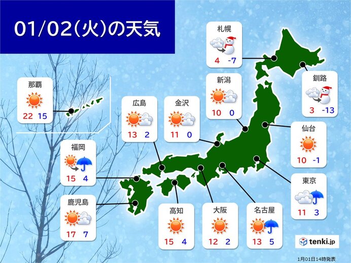 明日2日(火)　広く穏やかな陽気　関東甲信などにわか雨の所も