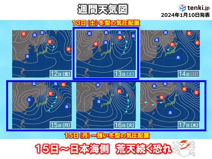 13日(土)・15日(月)～17日(水)は冬型の気圧配置　日本海側で暴風雪も