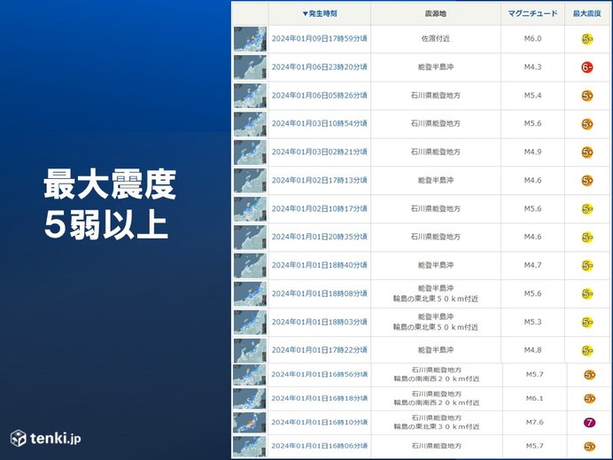 令和6年能登半島地震　震度5弱以上は16回