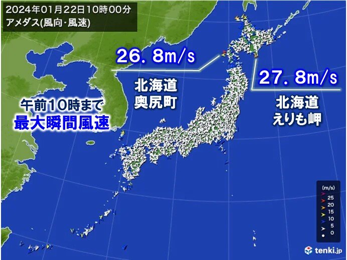 北海道で最大瞬間風速25メートル超　ふぶいて見通しの悪化も　東北や関東は高波注意