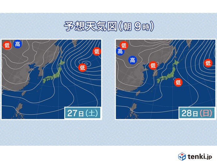 27日(土)～28日(日)日本海側を中心に雪やふぶき　強風や高波にも注意