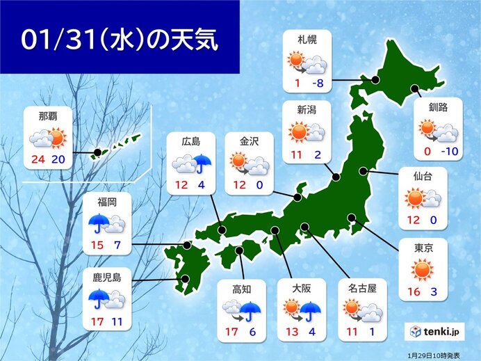 31日は西日本で雨も気温は高め　都心は16℃予想