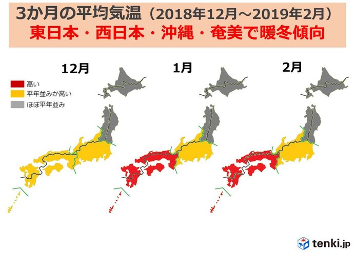 東日本・西日本は暖冬傾向　3カ月予報