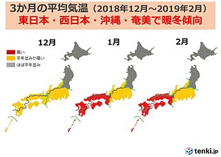 東日本・西日本は暖冬傾向 3カ月予報