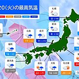 20日　九州～関東　午後は雨エリア拡大　20℃超えも　北陸～北海道は気温急降下