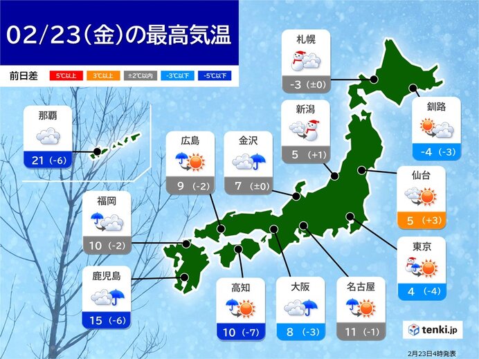 23日 冷たい雨や雪 関東の平野部は雪まじり 真冬の寒さ 路面の凍結など