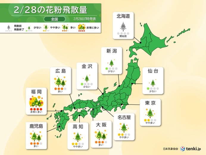 花粉情報　今日は九州で「非常に多い」　週末は広範囲で「非常に多い」　ピークは