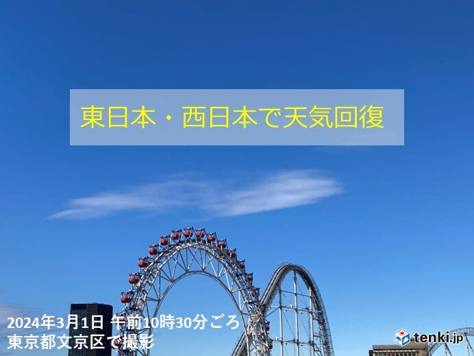 東日本・西日本の太平洋側は天気回復も　午後は花粉に注意