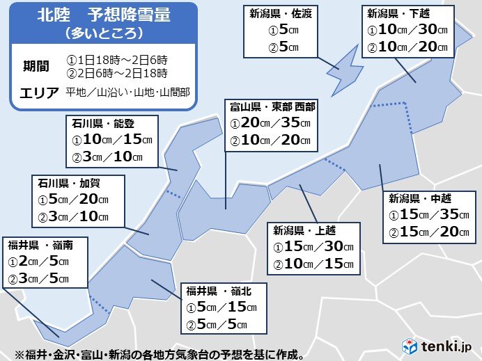 降雪量の予想　平地でも20センチ以上の降雪の所も