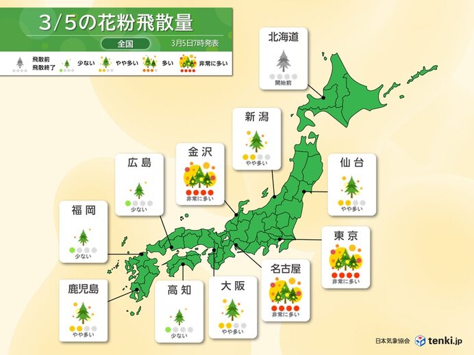 花粉情報　今日は東海・関東・北陸は非常に多い　今週後半は広く大量飛散　ピーク続く