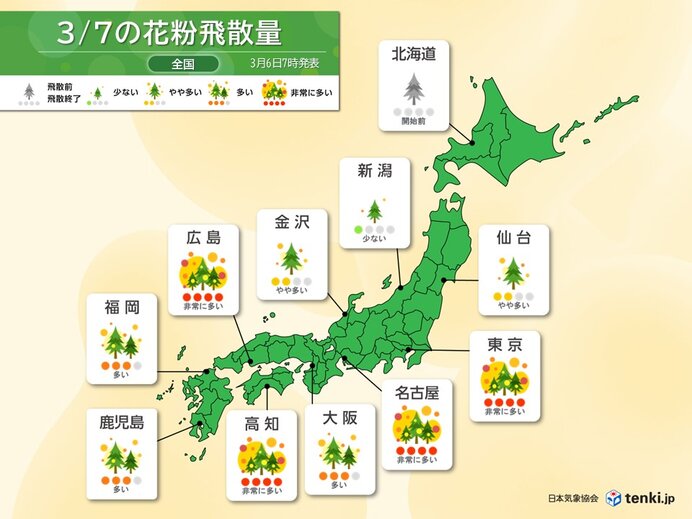 雨上がりとともに花粉が大量飛散へ　明日7日～関東など広く連日の「非常に多い」