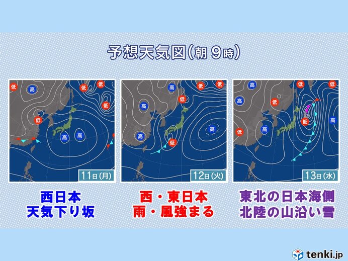 11日(月)　西日本は天気下り坂　夜は強雨も
