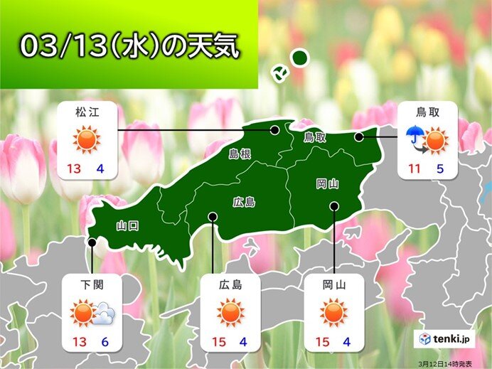 明日13日(水)は天気回復