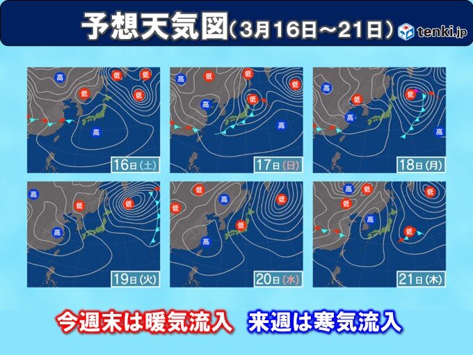 前半(3月15日～21日)　今週末は暖気流入　来週は寒気流入
