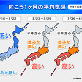 1か月　気温は西ほど高め　雨多く　平年より早い桜のシーズンへ　お花見は計画的に