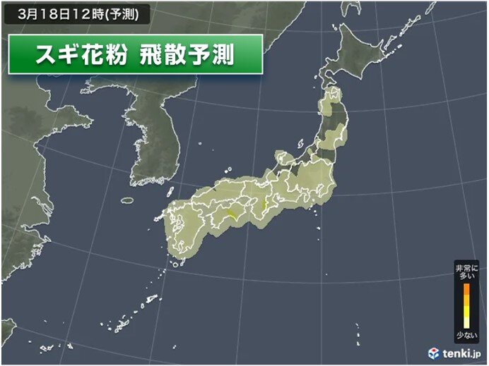 18日の花粉情報　広範囲にスギ花粉　風で花粉が舞い上がることも　万全の対策を