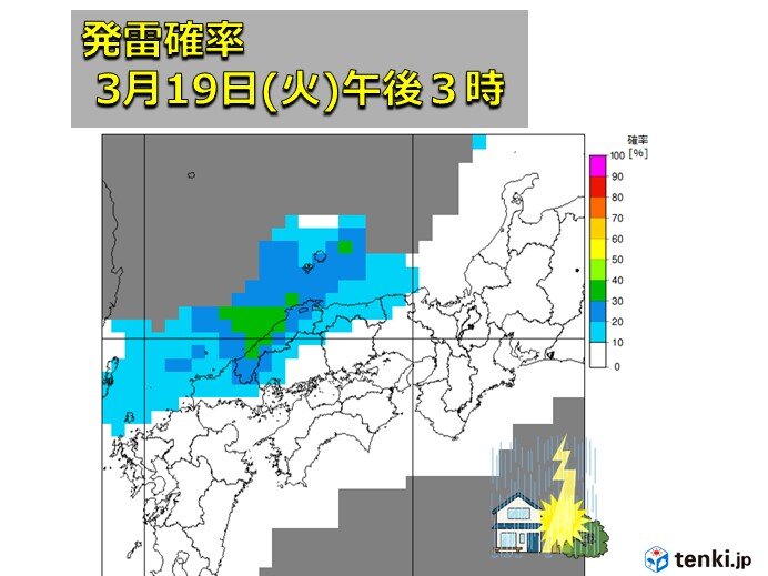明日19日(火)は日本海側を中心に雨や雷雨