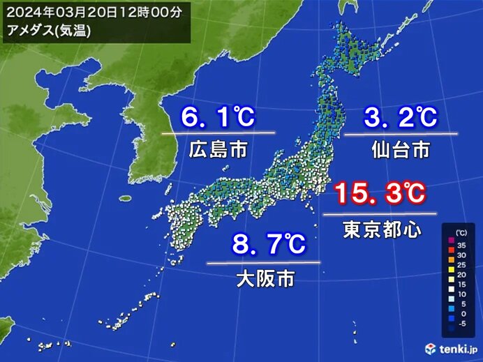 仙台や広島は真冬並みの寒さ　東京都心の正午の気温は4月並みも　午後は気温急降下(気象予報士 日直主任)