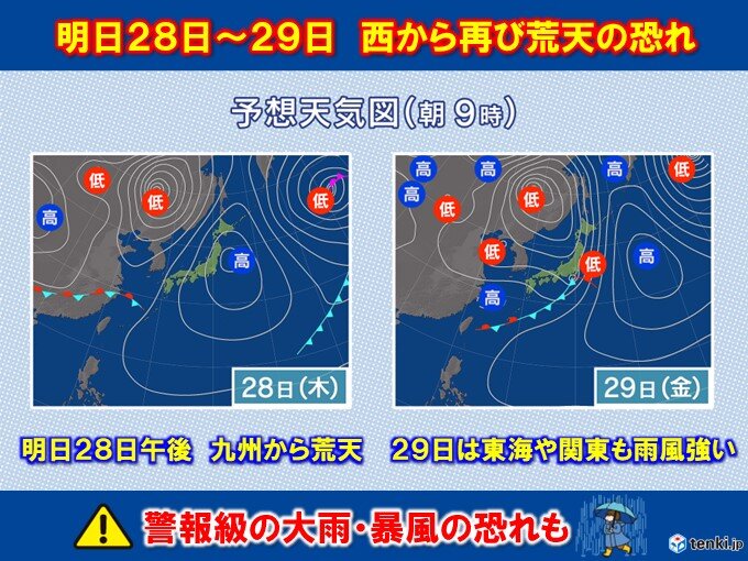 明日28日～29日 西から荒天 警報級大雨・暴風 週末は気温上昇 関東で 