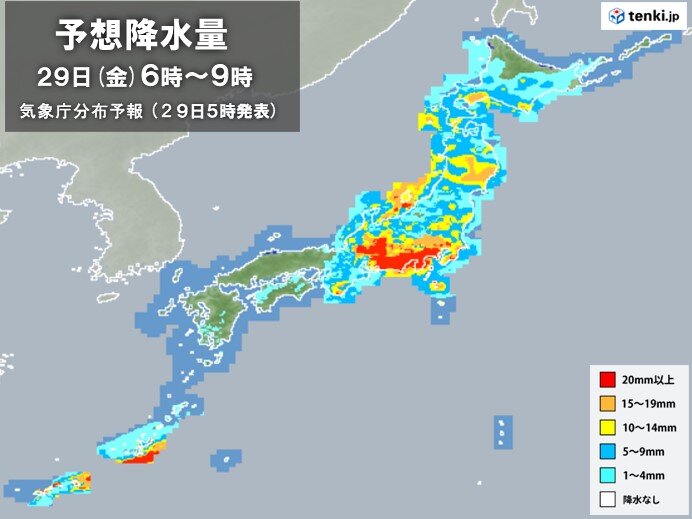 29日　東海や関東は昼前まで局地的に大雨　雨のあとは広範囲に黄砂飛来