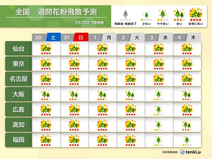 明日以降は花粉の飛びやすい状態が続きそう　ヒノキ花粉の飛散エリアも徐々に広がる