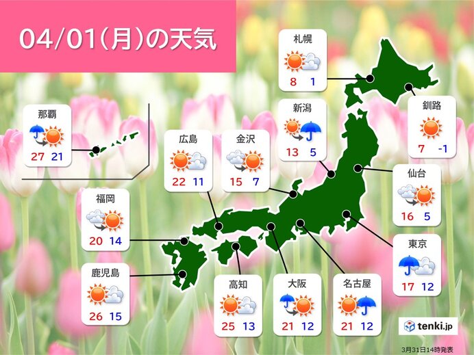 明日4月1日の天気　春の陽気続く　関東では午後は天気の急変に注意