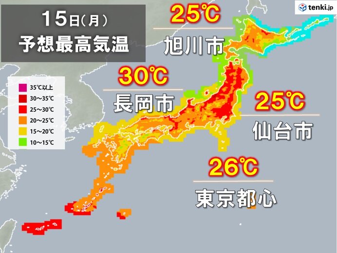 北海道～東海は晴れて季節外れの暑さ続く