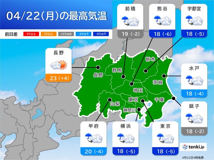 関東各地の最高気温　東京は9日ぶりに20℃届かず