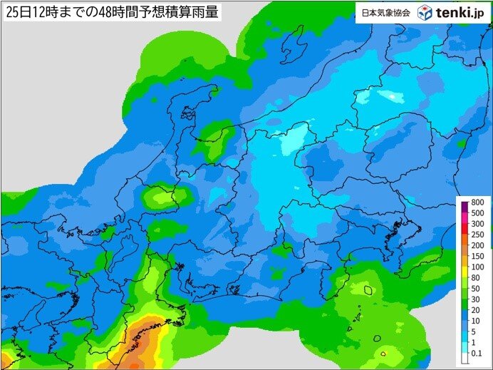 三重県南部で雨量が多くなる