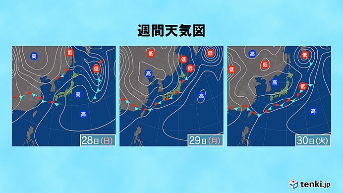 28日(日)～5月1日(水)　関東～九州では度々雨が降る