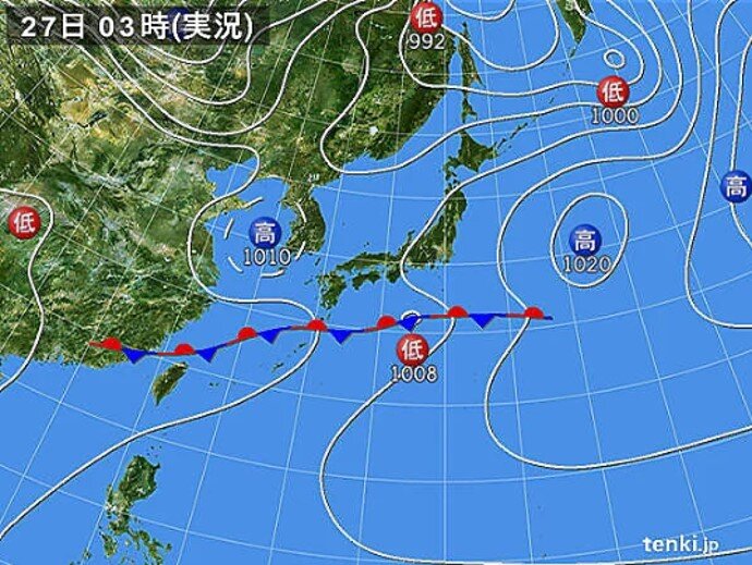 前線が南に停滞　北日本付近は高気圧の圏内