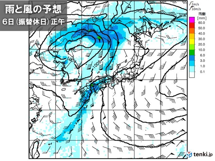 連休最終日6日(月:振替休日)　西日本で雨風強まる　北海道も断続的に雨